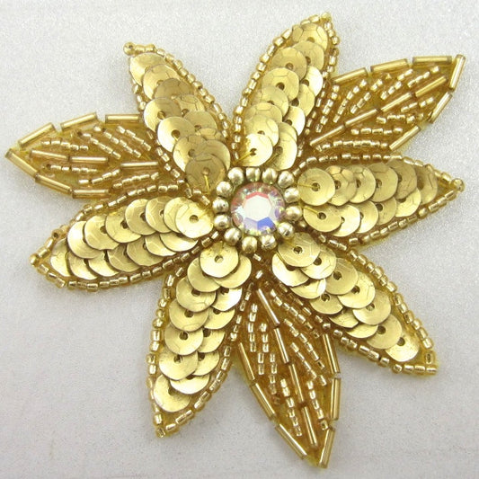 Flower Gold Sequins Beads with Swarovski AB Crystals 3" x 3.5"