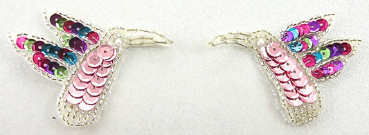 Hummingbirds with Multi-Colored Sequins Silver Beads 2" x 2"