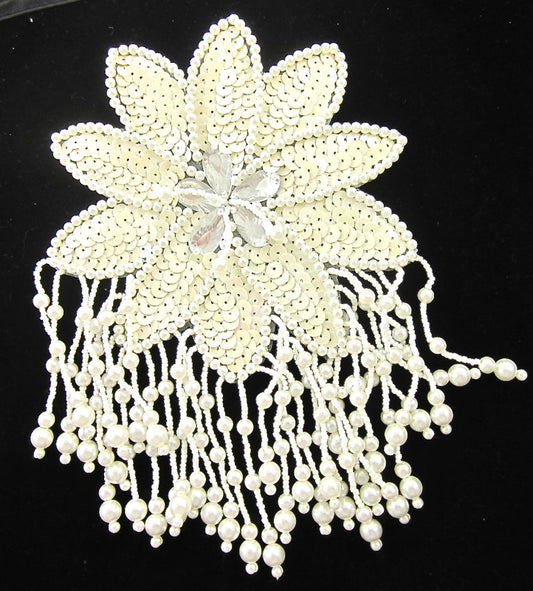 Epaulet Flower with Cream Sequins White Beads 8" x 5.5"