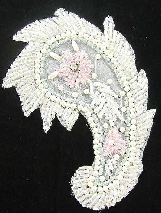 Designer Motif Paisley White, Pink and Pearl Beads with Rhinestone 4" x 3"