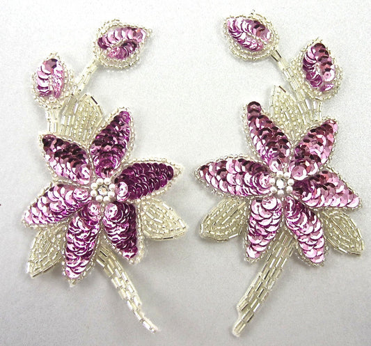 Flower Pair with Lite Orchid Sequins Silver Beads 6" x 3.25"