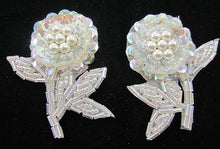 Load image into Gallery viewer, Flower Pair with Iridescent Sequins and Beads and White Pearls 2.5&quot; x 2&quot;