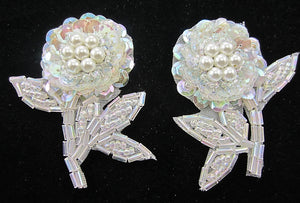 Flower Pair with Iridescent Sequins and Beads and White Pearls 2.5" x 2"