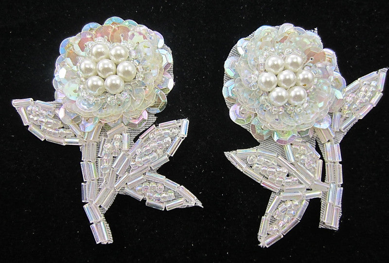 Flower Pair with Iridescent Sequins and Beads and White Pearls 2.5