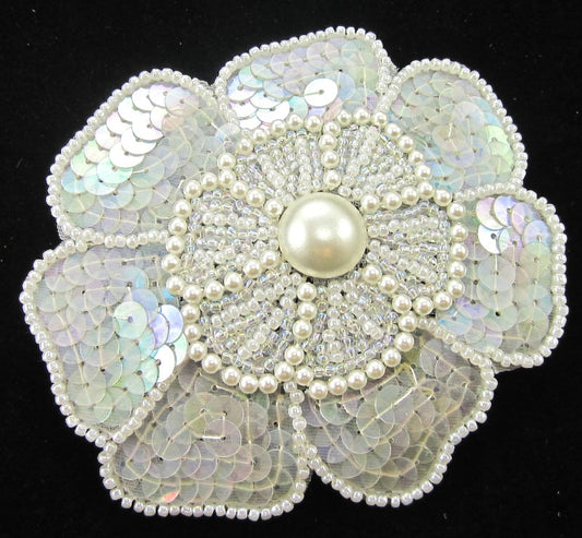 Flower with Iridescent Sequins and White Pearl Beads 4" x 4"
