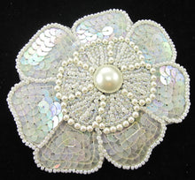 Load image into Gallery viewer, Flower with Iridescent Sequins and White Pearl Beads 4&quot; x 4&quot;