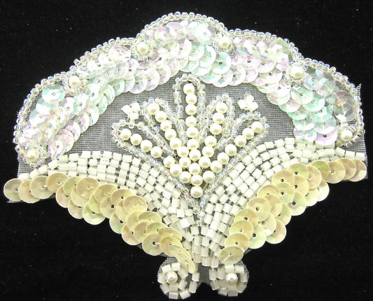 Designer Motif with Iridescent and Creamy White Sequins White Pearls and Beads 3" x 3.5"