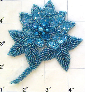 Flower with Teal Colored Sequins and lite Aqua Sequins and Beads 4" x 3.5"