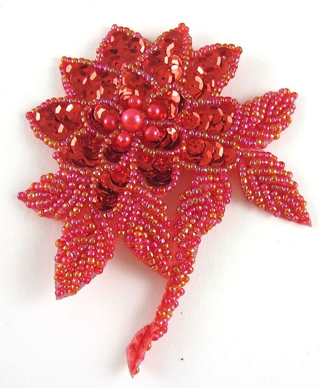 Flower with Red Sequins and Multi-Colored Beaded Leafs 4" x 3.5"