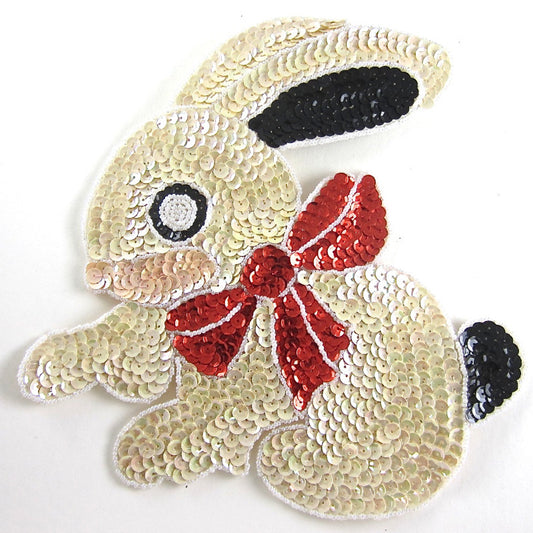 Handmade Bunny Rabbit Appliqué with Beige Iridescent Sequins and Beads with a Red Sequin  Bow 9" x 8"