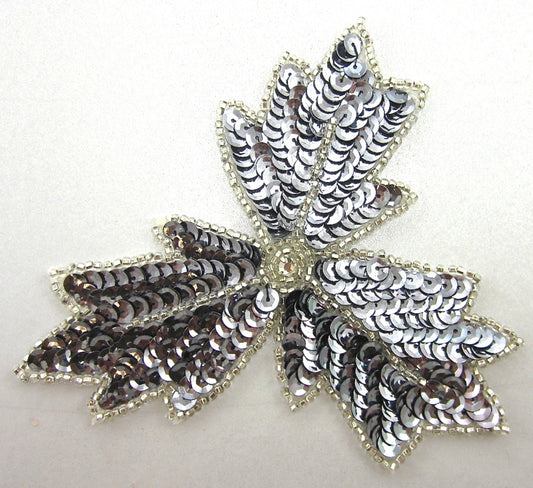 Leaf with Silver Sequins and Beads Rhinestone 5" x 4"
