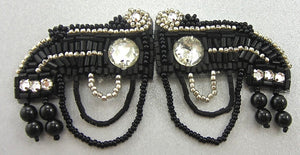Hook and Eye Clasp, Black, Silver Beads and Rhinestones 2" x 1" each pc