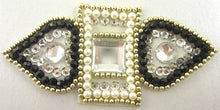 Load image into Gallery viewer, Designer Gem Motif with Black Gold Pearl Beads and Silver sequins Crystals 6.25&quot; x 3&quot;