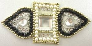 Designer Gem Motif with Black Gold Pearl Beads and Silver sequins Crystals 6.25" x 3"