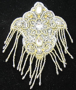 Designer Motif Epaulet White Background with Rhinestones and Gold and Silver Beads 5" x 3.25"