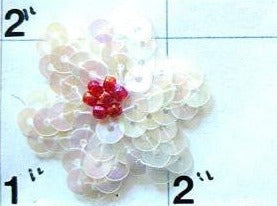 Flower with White Sequins red bead center 1"