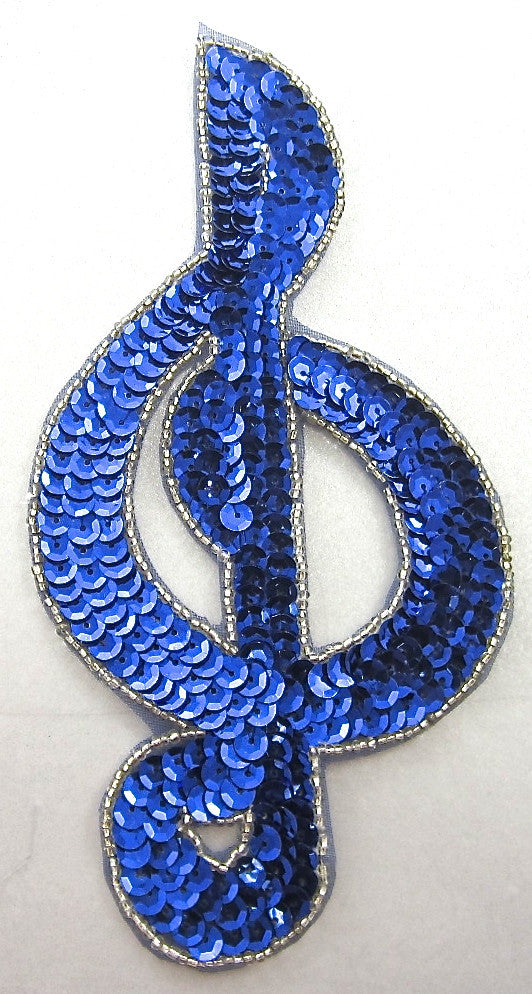 Treble Clef with Royal Blue Sequins Silver Beads 7.5" x 4"