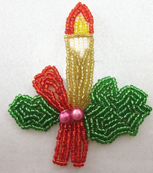 Candle for Christmas Single Candle with Green Holly 3.25" X 2.75"