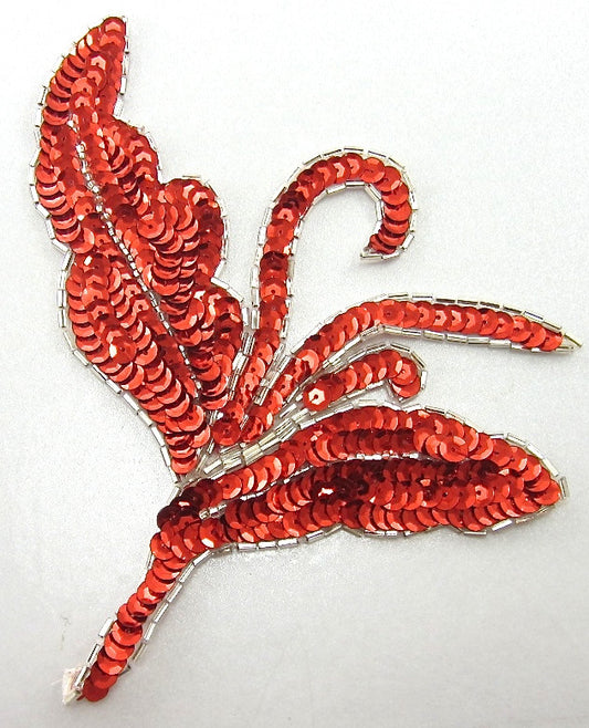 Leaf with Red Sequins and Silver Beads 5.5" x 6"