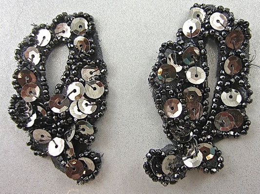 Designer Motif Pair with Pewter Beads Silver Sequins 2.25" x 1.5"