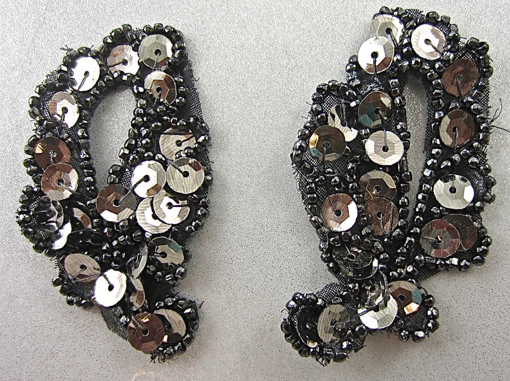 Designer Motif Pair with Pewter Beads Silver Sequins 2.25