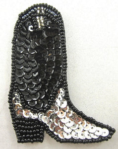 Boot Cowboy with Silver and Black Sequins and Beads 3.5" x 2.25"