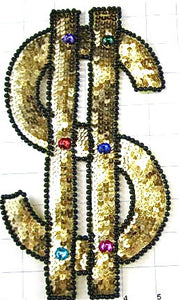 $ Dollar Sign, Gold Sequins and Black Beads and Gems 10" x 6"