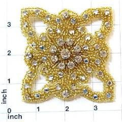 Designer Motif with Gold Beads and Many Rhinestones 3.25" X 3.25"