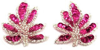 Leaf Pair with Fuchsia Sequins and Beads 1.5" x 2"