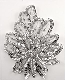 Designer Triple-Layer Leaf Applique, Silver Sequins and AB Rhinestones, 7" x 5"