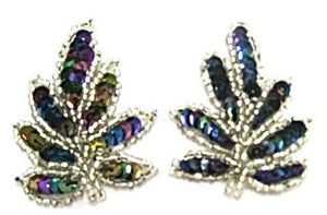 Leaf Pair with Moonlight Sequins and Silver Beads 2" X 1.5"