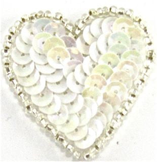 Heart with White Iridescent Sequins with Silver Beads 1.5" x 1.5"