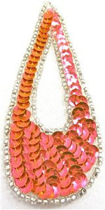 Design Motif Large Teardrop in Florescent Peach Sequins with Silver Beads 1.5" x 4"