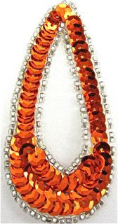 Design Motif Small Teardrop in Orange Sequins with Silver Beads 1.5" x 3"