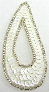 Design Motif Small Teardrop with White Sequins and Silver Beads 1.5" x 3"