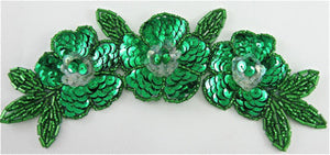 Flower Triple with Green Sequins and Beads 7" x 3"
