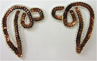 Design Motif Swirl Pair with Bronze Sequin and Silver Beads 3.5" x 3"