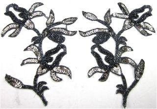 Flower Pair Charcoal Sequin and Beaded Flower 5.5" 8.5"