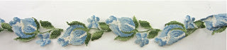 Embroidered Blue with Green Floral Trim 1.5" Wide