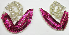Load image into Gallery viewer, Flower Pair Fuchsia Vintage Sequins with Silver Beading and 8 High Quality Rhinestones 2.5&quot; x 3.5&quot;