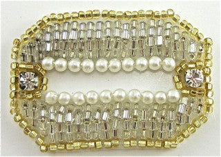 Designer Motif Hi-Quality with Silver and Gold Beads, Pearls and 2 Rhinestones 1.75" x 1.25"