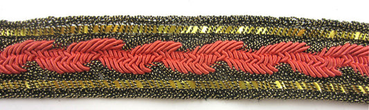 Vintage Trim with Dark Gold Bullion and Coral Thread 1.25" Wide, Sold by the Yard