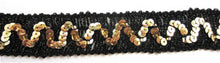 Load image into Gallery viewer, Trim with Black Metallic Thread and ZigZag Gold Sequins 1&quot; Wide