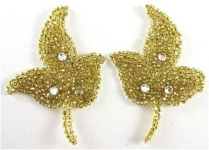 Leaf Motif Pair with Gold Beads and Rhinestones 3" x 2"