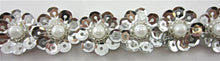Load image into Gallery viewer, SEQUIN AND BEADED FLOWER WITH PEARL SILVER TRIM