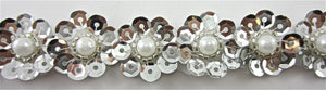 SEQUIN AND BEADED FLOWER WITH PEARL SILVER TRIM