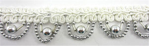 Trim with White Cotton Thread Banding and Looping Silver Beads 1" Wide