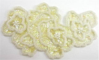 Large Designer Motif Floral Appliqué with Light Yellow Iridescent Sequins, White Beads and Pearls 9.5" X 5.5"