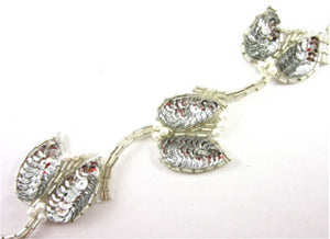 Trim with Silver Beaded Leafs and white Pearls 2" Wide