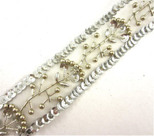 Trim with Flower made with Silver Sequins and Pearls 1.5" Wide